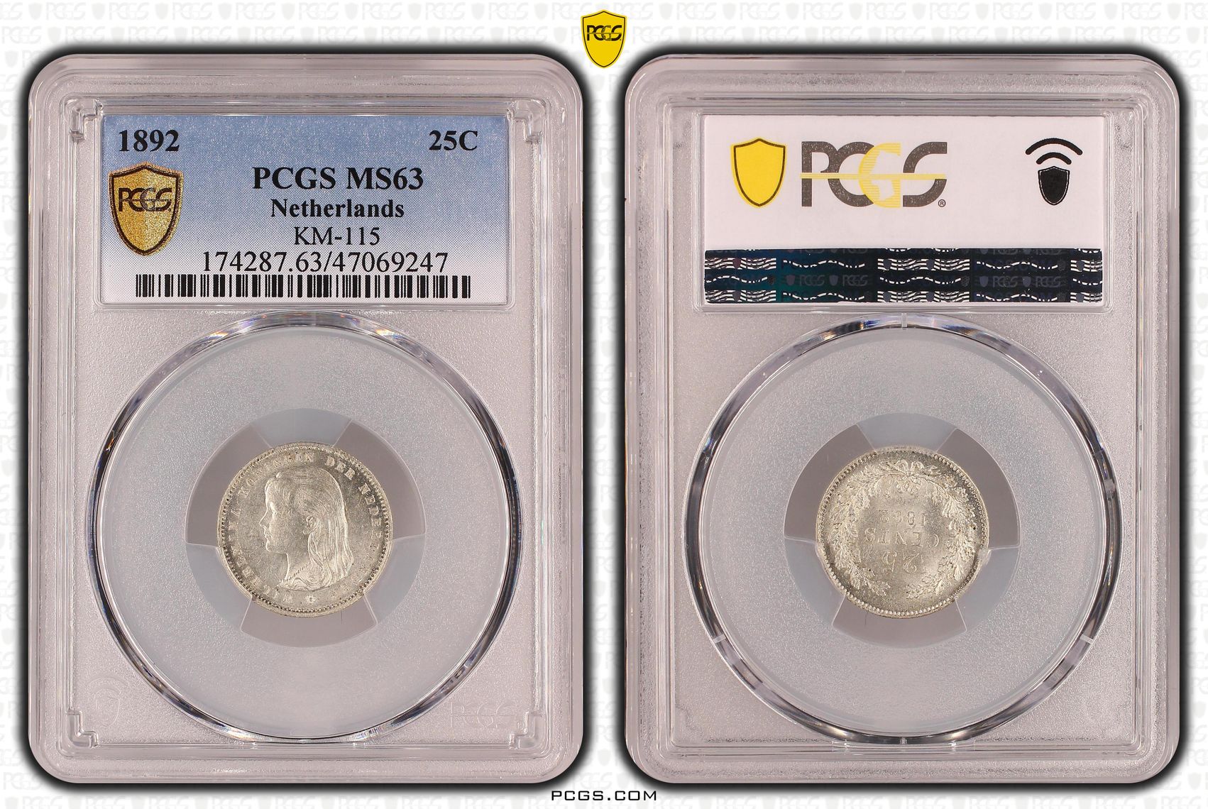 25 cent 1892 Wilhelmina MS63 PCGS 25 cent 1892 Wilhelmina MS63 PCGS