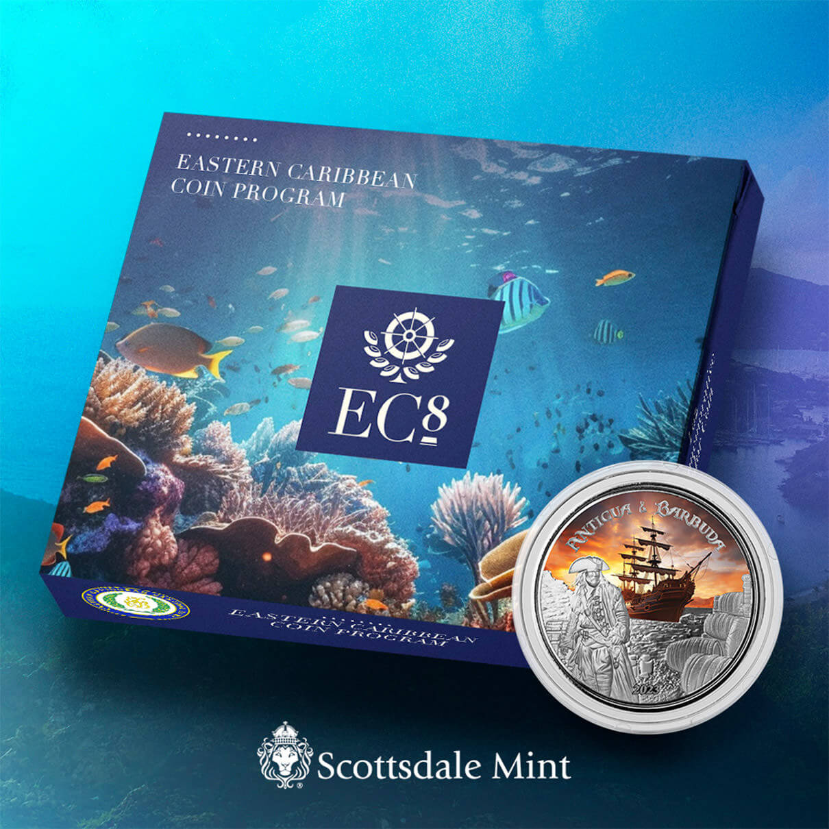 EC8 Antigua en Barbuda Rum Runner 1 oz 2023 coloured box 101munten Rum Runner