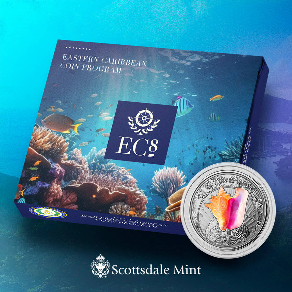 EC8 St Kitts and Nevis Conch Shell 1 oz 2023 coloured box 101munten Conch shell