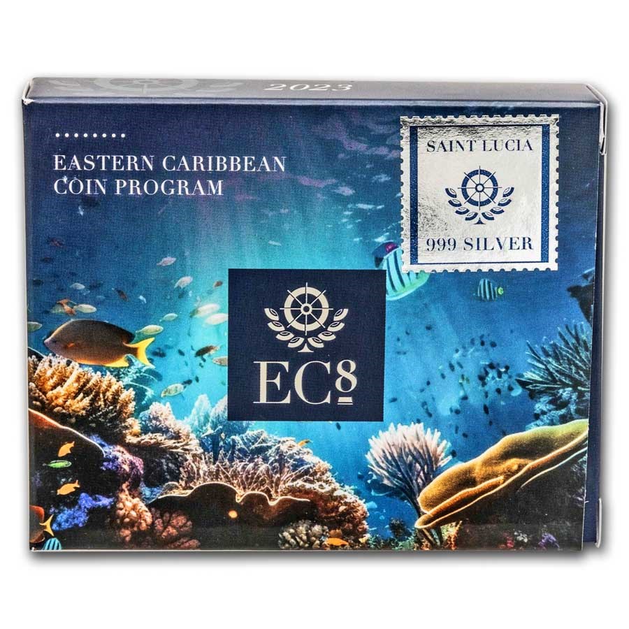 EC8 St Lucia Coat of Arms 1 oz 2023 coloured box 101munten St lucia Coat of Arms coloured