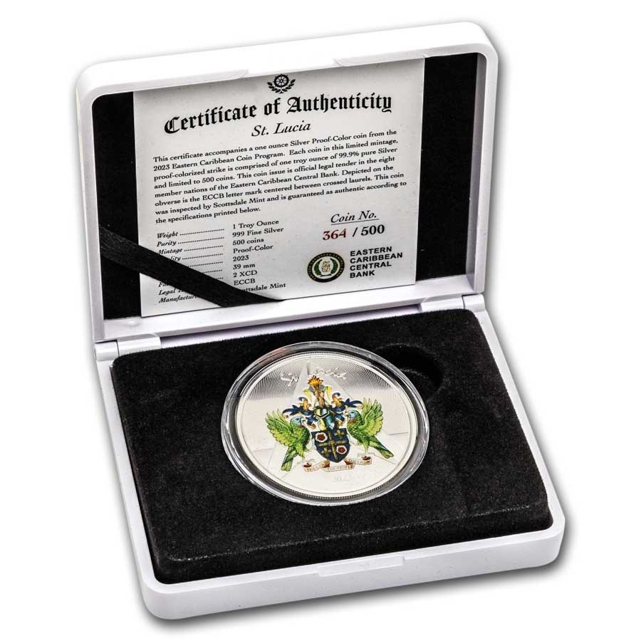 EC8 St Lucia Coat of Arms 1 oz 2023 coloured coinbox 101munten St lucia Coat of Arms coloured
