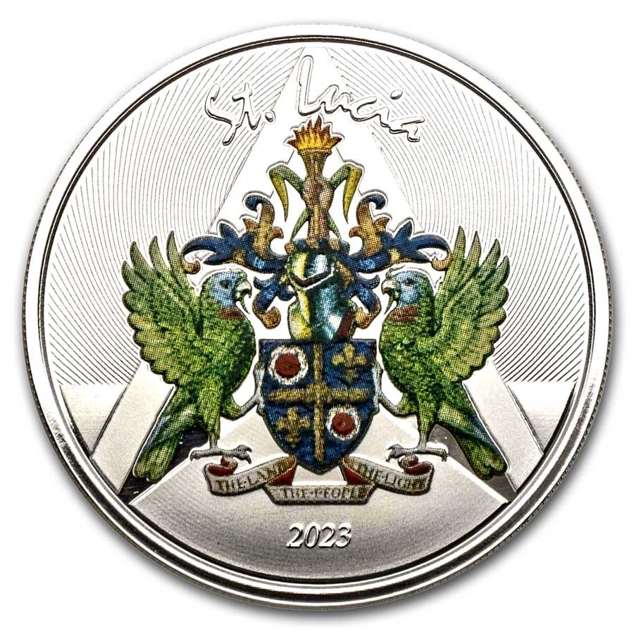 EC8 St Lucia Coat of Arms 1 oz 2023 coloured front 101munten St lucia Coat of Arms coloured