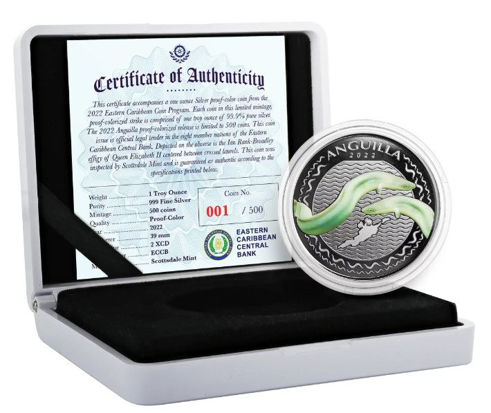 Anguilla Eel 1 oz 2024 coloured box 101munten anguilla eel