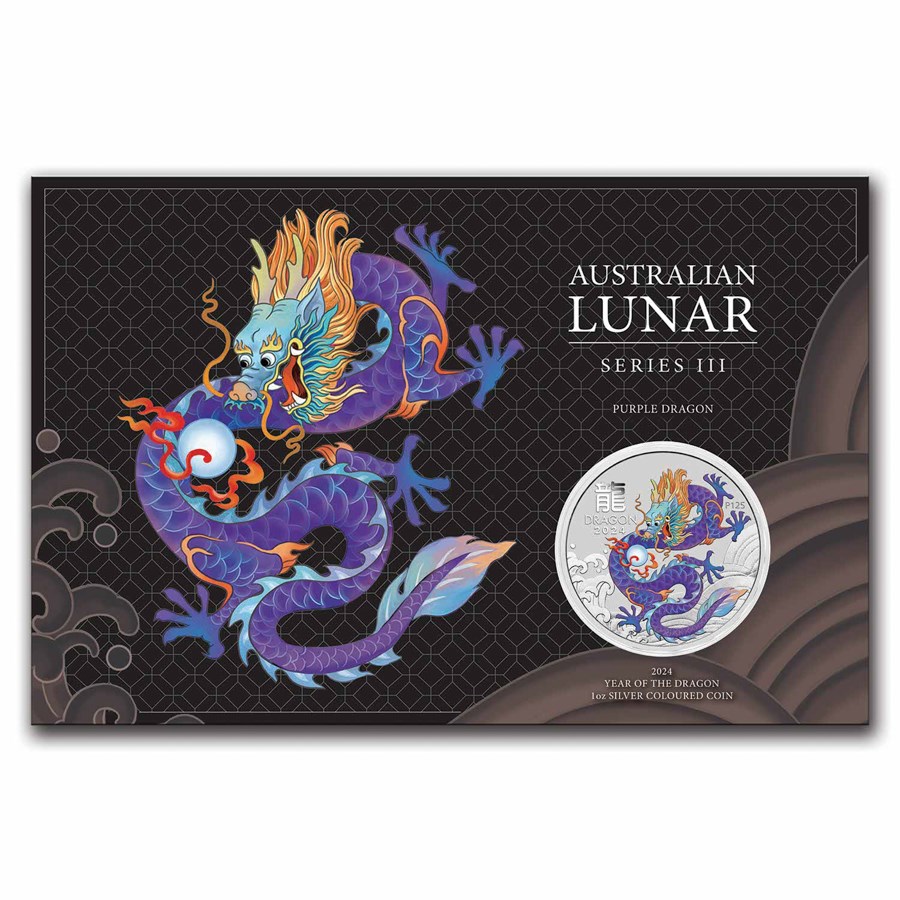 Lunar III Year of the Dragon 1 oz 2024 Coin Card Purple front 101munten Purple