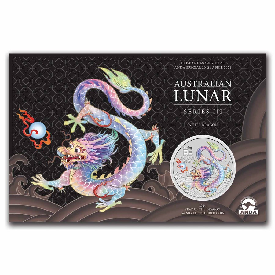 Lunar III Year of the Dragon 1 oz 2024 Coin Card White front 101munten white