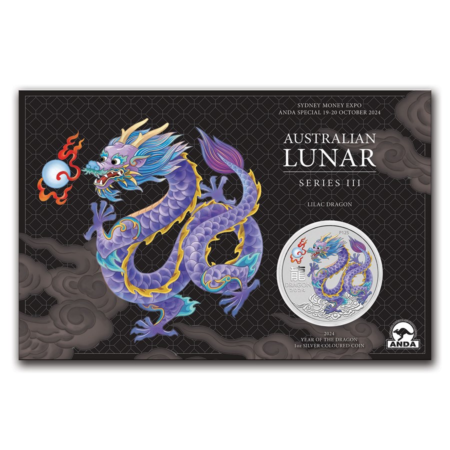 Lunar III - Year of the Dragon 1 oz Lilac Coin Card front 101munten lilac