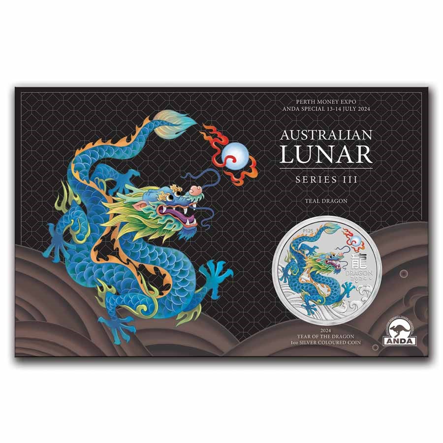 Lunar III - Year of the Dragon 1 oz Teal Coin Card front 101munten teal