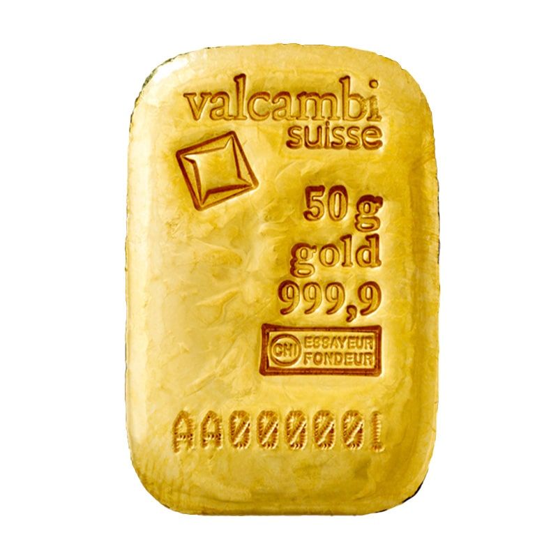 Valcambi 50 gram goud baar gegoten Valcambi 50 gram goud baar gegoten