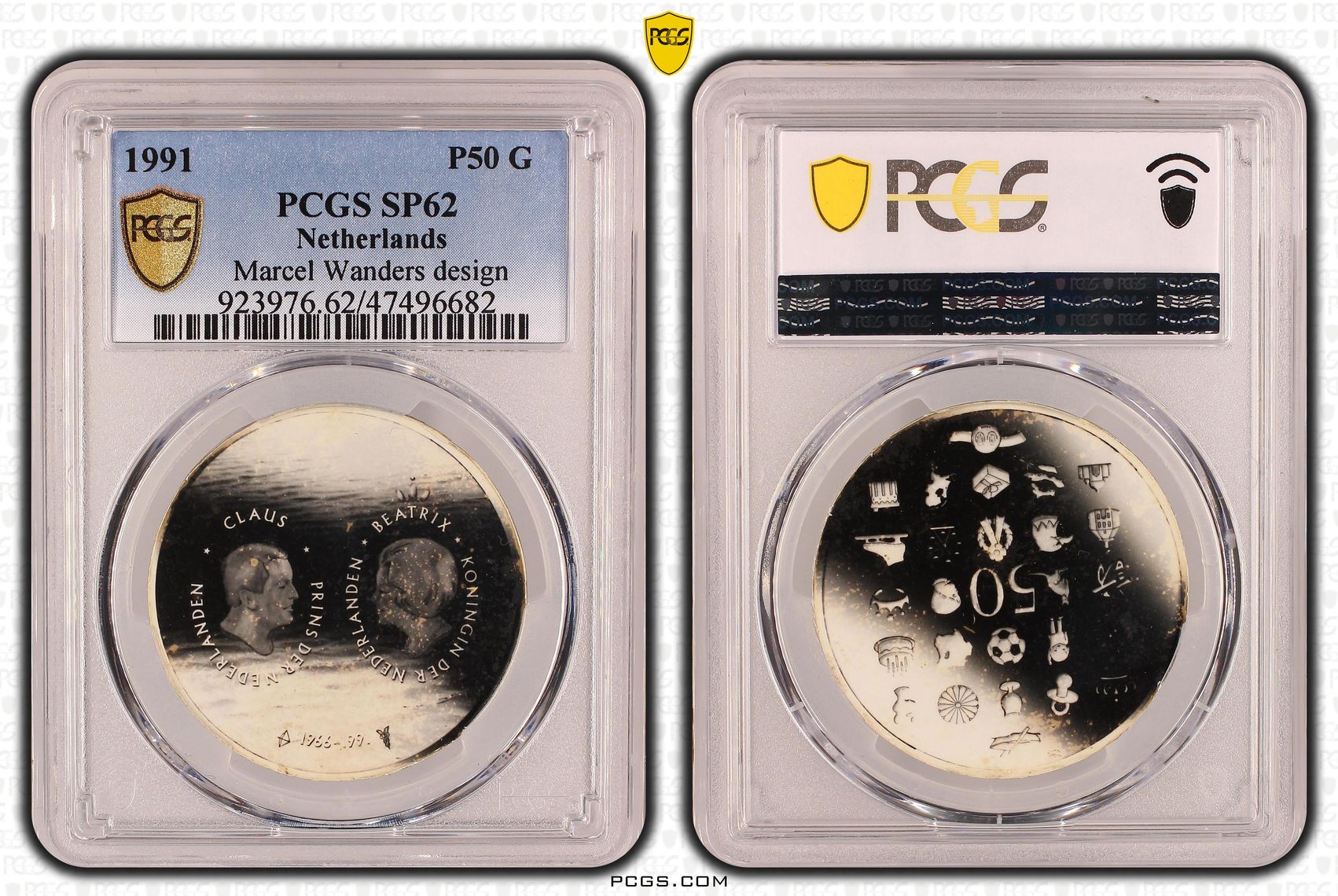 50 gulden 1991 Ontwerp 25 jarig huwelijk Beatrix en Claus - Marcel Wanders SP62 PCGS slab 50 gulden 1991 Ontwerp 25 jarig huwelijk Beatrix en Claus - Marcel Wanders SP62 PCGS