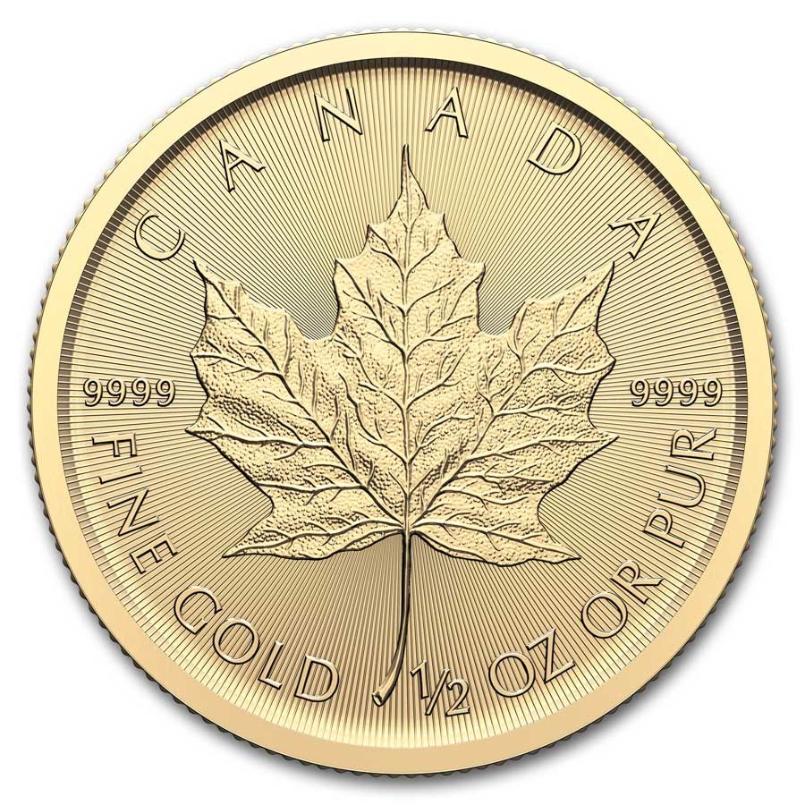 Gouden Canadian Maple Leaf 0.5 oz 2025 front 101munten Maple Leaf 1/2 oz 2025