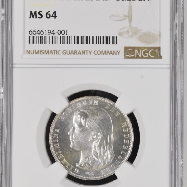 Wilhelmina 1 Gulden 1892 MS64 NGC
