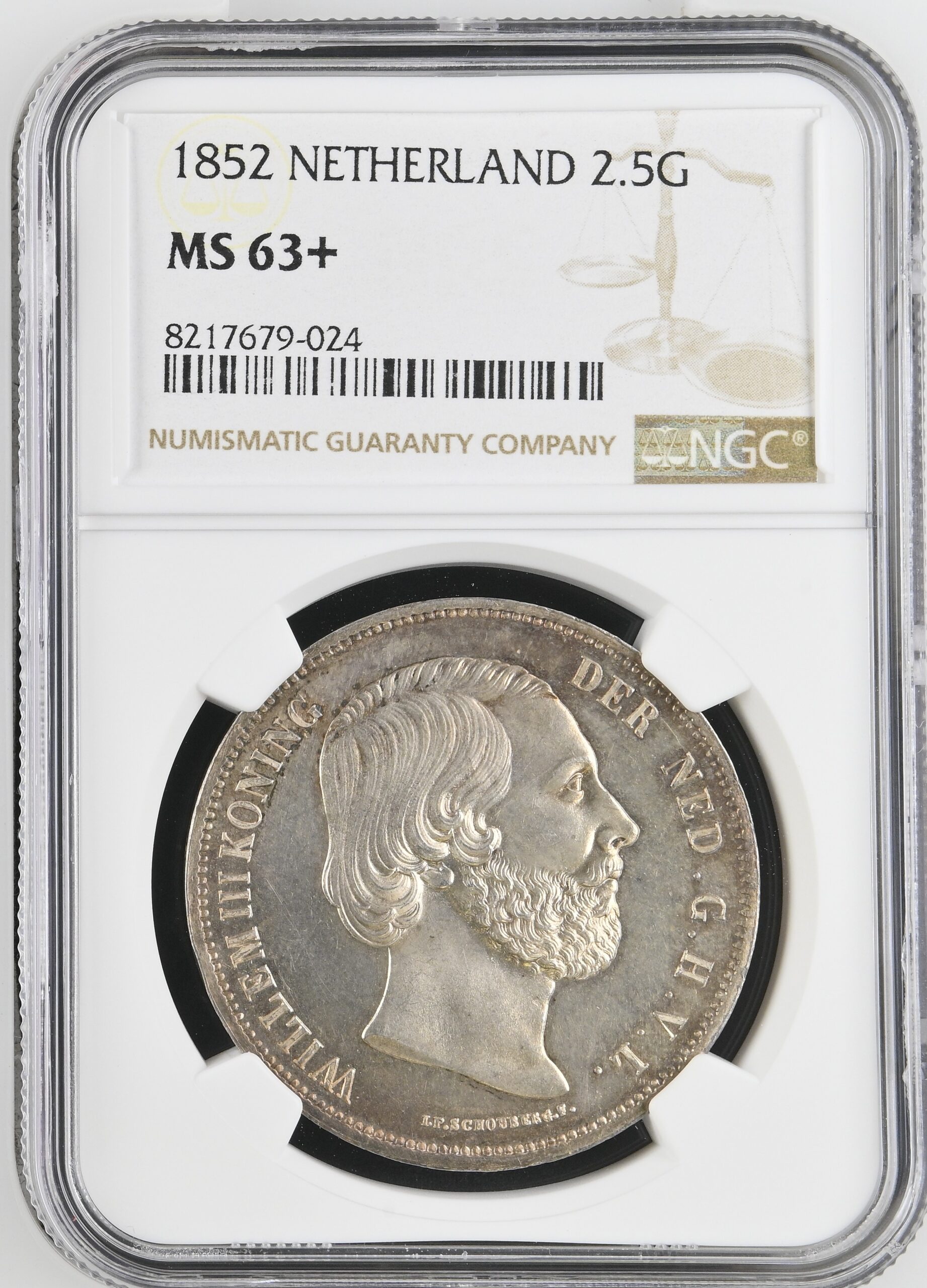 NGC8217679-024_OBV Koning Willem III 2 1/2 Gulden 1852 MS63+ NGC (Top pop 1/0)