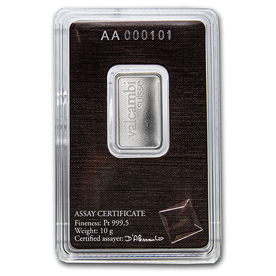 Platina Valcambi 10 gram met cert. back 101munten Platina 10 gram Valcambi