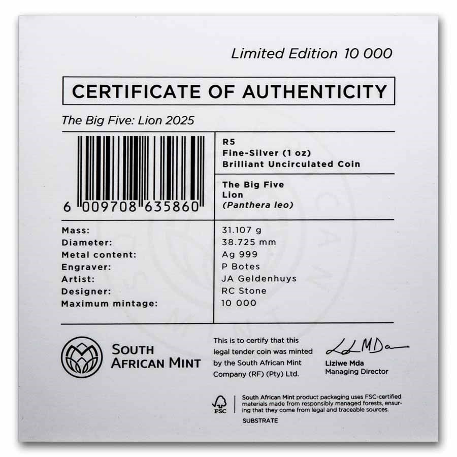 Big 5 Lion 1 oz 2025 blister back 101munten Big 5 Serie 3 - Lion 1 oz 2025
