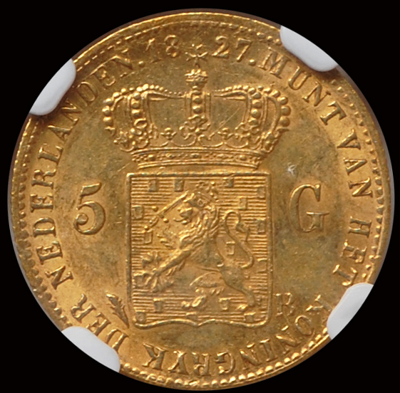 351200-023R 5 gulden 1827 Brussel AU58 NGC