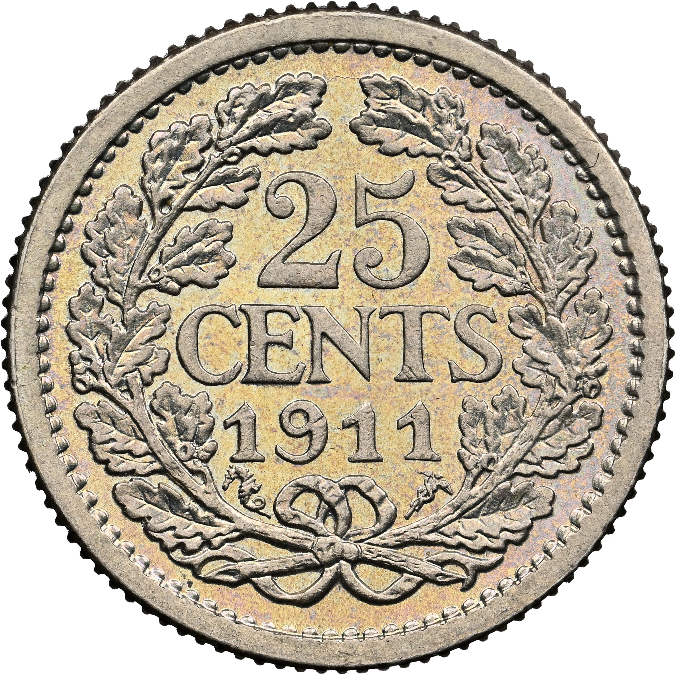 8213337-005R Wilhelmina 25 cent 1911 MS62 NGC Ex Coenen