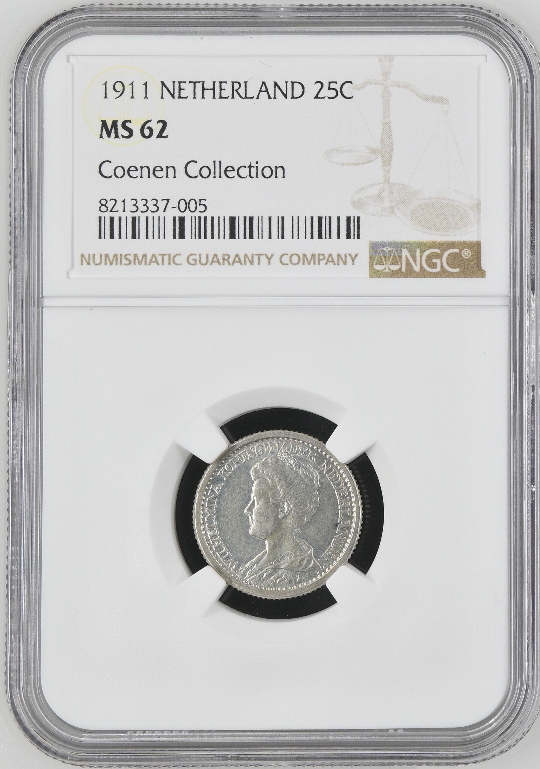 NGC8213337-005_OBV Wilhelmina 25 cent 1911 MS62 NGC Ex Coenen