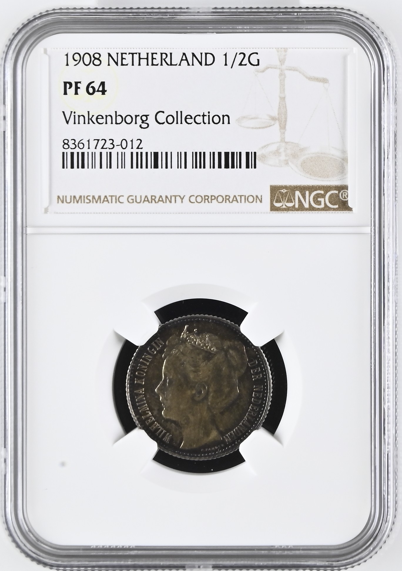 NGC8361723-012_OBV Koningin Wilhelmina halve gulden 1908 Proof PF64 NGC Ex Vinkenborg