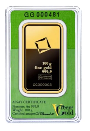Valcambi 100 gram goudbaar Green back 101munten 100 gram Valcambi Green
