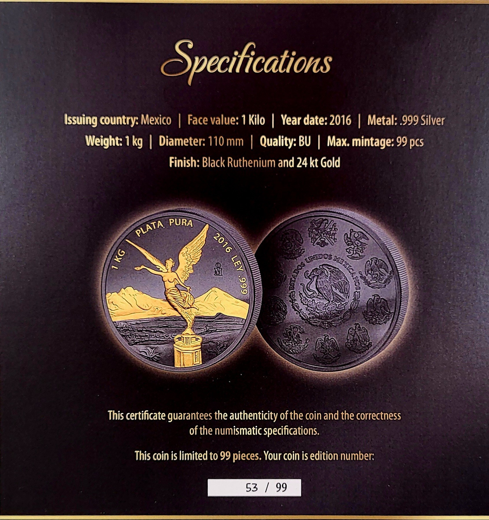 Mexican Libertad 1 kg 2016 black ruthenium gold cert. 101munten Mexican Libertad 1 kg 2016