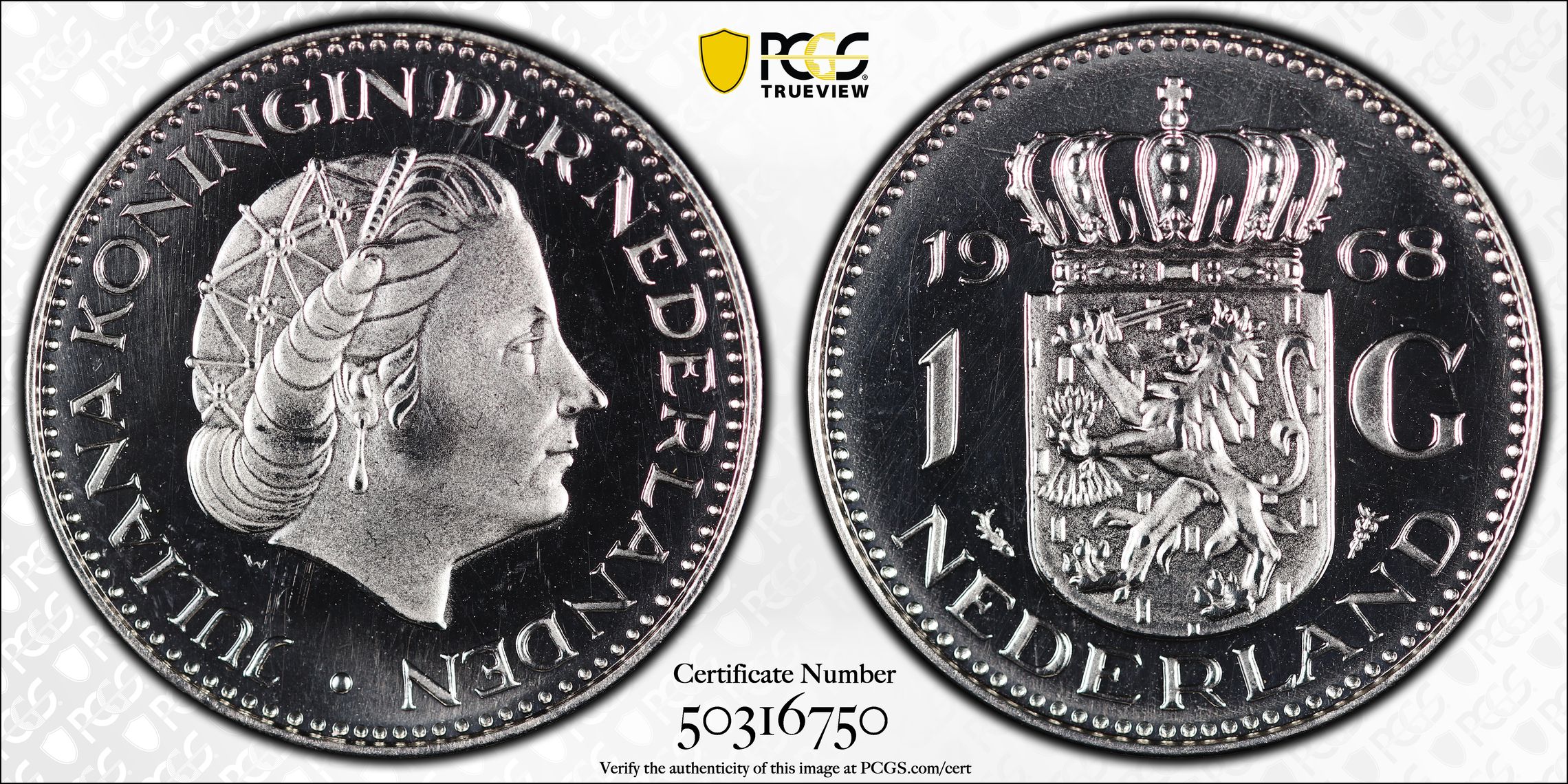 282021361 Koningin Juliana nikkelen 1 gulden 1968 proof PR68 CAM PCGS gecertificeerd (Top pop 1/0)